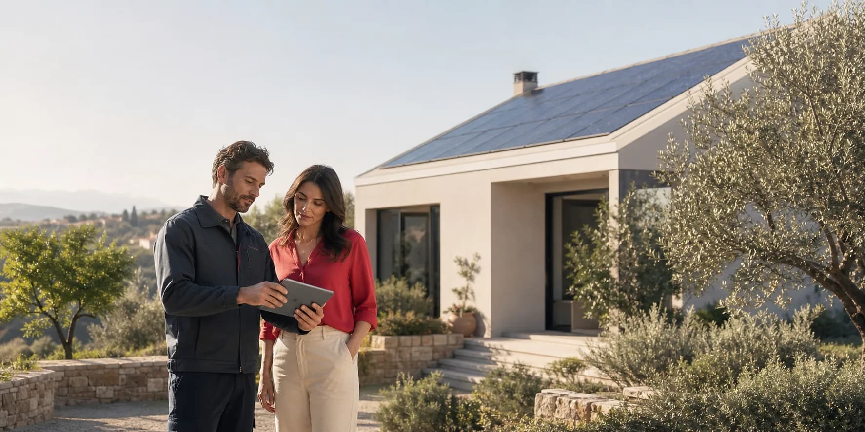 Un installatore mostra a una cliente il progetto di un impianto fotovoltaico
